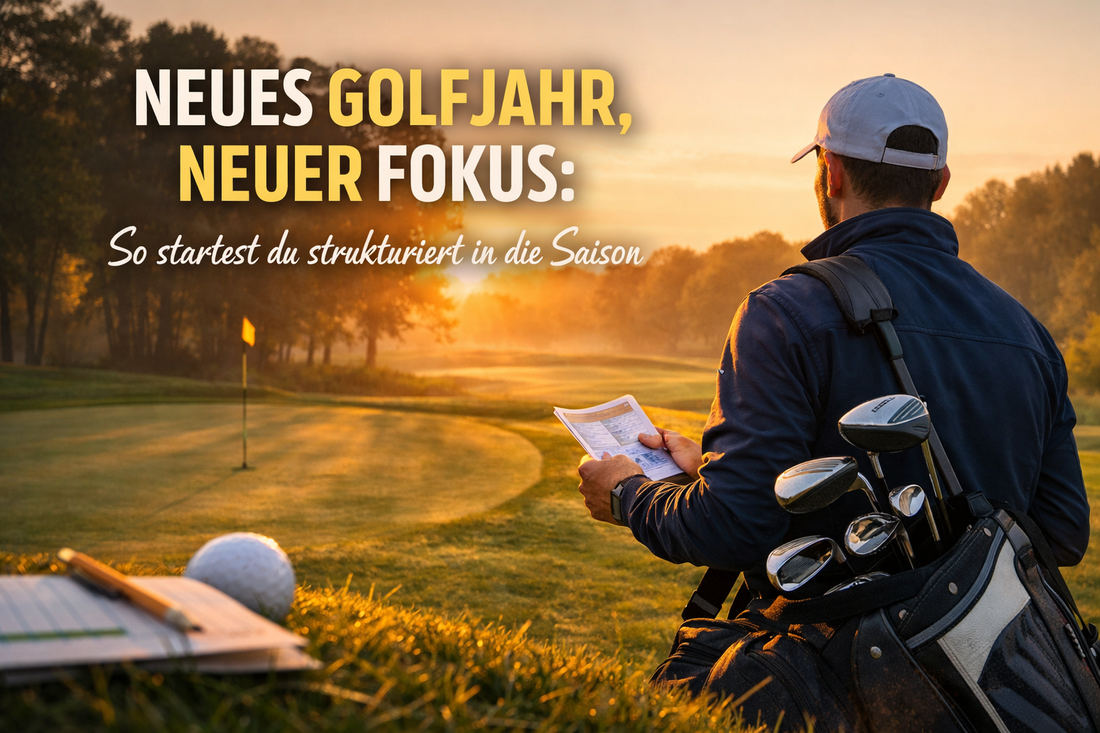 Golfer steht vorm Sonnenuntergang mit Schriftzug Neues Golfjahr, neuer Fokus