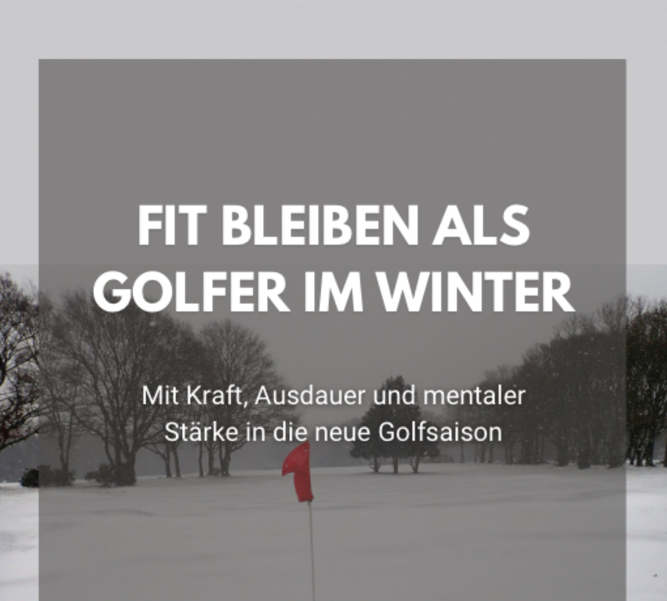 Buch Cover vom Buch „Fit bleiben als Golfer im Winter“ ein graues Layout mit einem Golfplatz der Schneebedeckt ist im Hintergrund